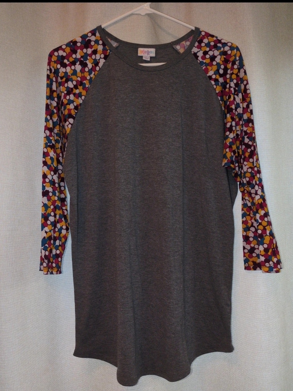 LuLaRoe Grey Raglan Dress with Multicolor Dot Sleeves